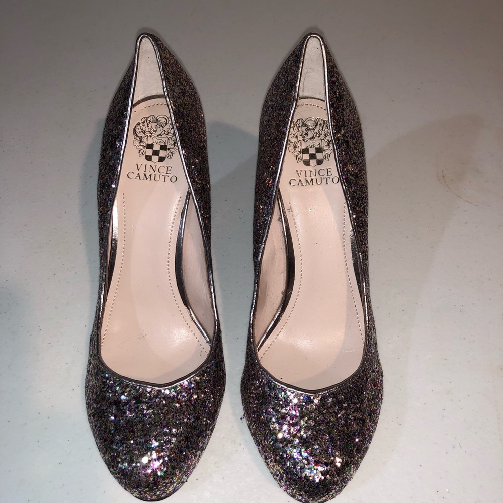 Vince Camuto Black and Silver Heels Elegant Sparkle